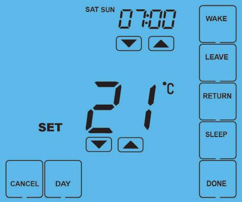 Select the zone to be programmed... Press PROG... Select WAKE... Use the Up/Down keys to set the time for WAKE period... Use the Up/Down keys to set the temperature.
