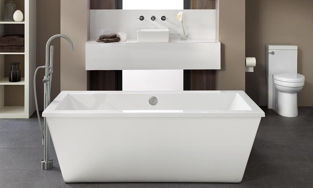Taking cues from iconic architecture heralding modernism and functional beauty, the DXV Seagram bathroom suite features a sleek Freestanding Soaking Tub and seamless One-Piece Toilet, both in