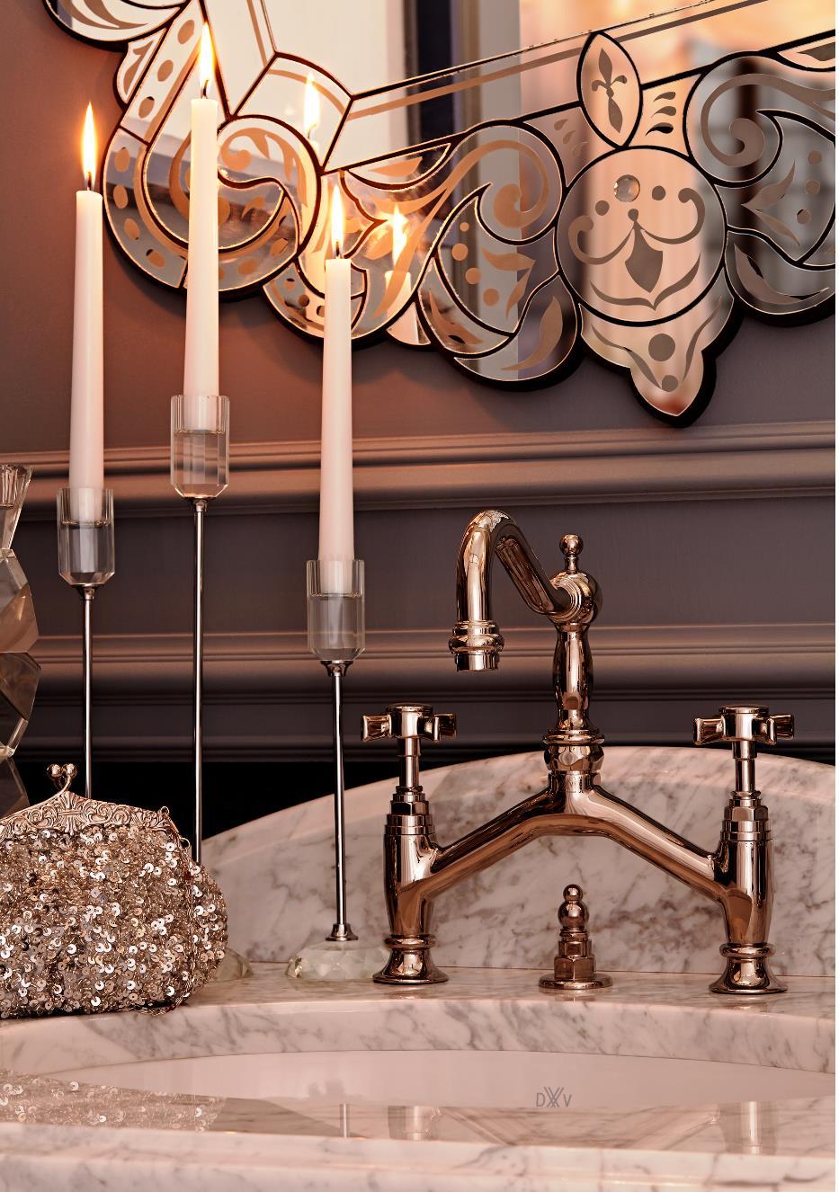 The DXV Landfair Bridge Faucet with Cross Handles in a platinum nickel finish stands magnificently above