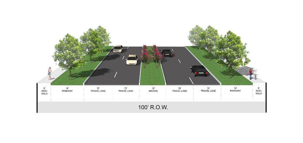 Figure 5-4. Type B - Minor Arterial Roadway (100' Total ROW) Collectors Collector streets are generally designed to distribute traffic from local access streets and funnel it to arterial roadways (i.