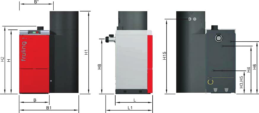 P4 pellet boiler 32-100 Dimensions and connections (P4 Pellet 32-100) A Dimensions Units P4 Pellet 32 P4 Pellet 38 P4 Pellet 48 P4 Pellet 60 P4 Pellet 80 P4 Pellet 100 L Length of boiler¹ inches