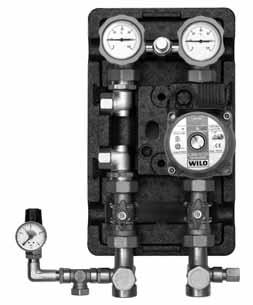 Meibes flange; safety module with safety valve (response pressure 3 bar) integrated in inlet flow pipe length and pressure gauge (display range 0-4 bar); T-piece provided for installation of an