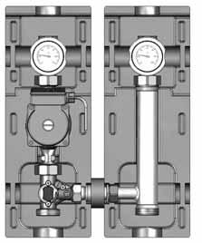 manually positioned gravity brake); two contact thermometers integrated in the ball valve handle (display range 0-120 C); one 3-way T mixer incl.