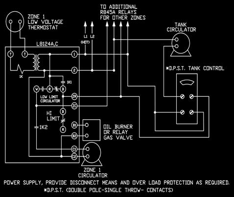 E-F, and R845A Relay Figure 26 - Zoning with Circulators Using L8124 E-F, and DPST - No