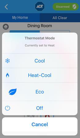 Thermostats 2. The current mode is listed at the top of the selection menu.