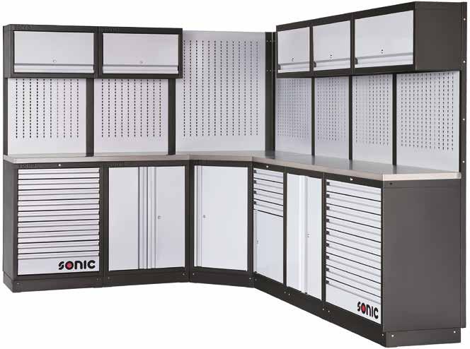 GET ORGANIZED, BE EFFICIENT, THE NEW ULTIMATE SONIC WORK SPACE Heavy duty ball bearing slides. Compatible for SFS. 100% retractable drawers. Cupboard with gas spring. Stainless steel work surface.