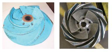 acknowledged. Addition of splitters has a positive effect on the pressure fluctuations which decrease at the canal duct. Fig 8. Original (left) and splittered (right) impellers.