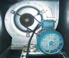 Fan and motor assembly is mounted on a rigid base frame which is supported by effective rubber shock absorber. Discharge fan is provided with a fire retardant flexible connection.