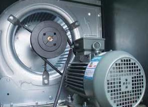 Belt drive, optimal selection of drive ratio, increase fan/motor assembly efficiency, easy for maintenance.