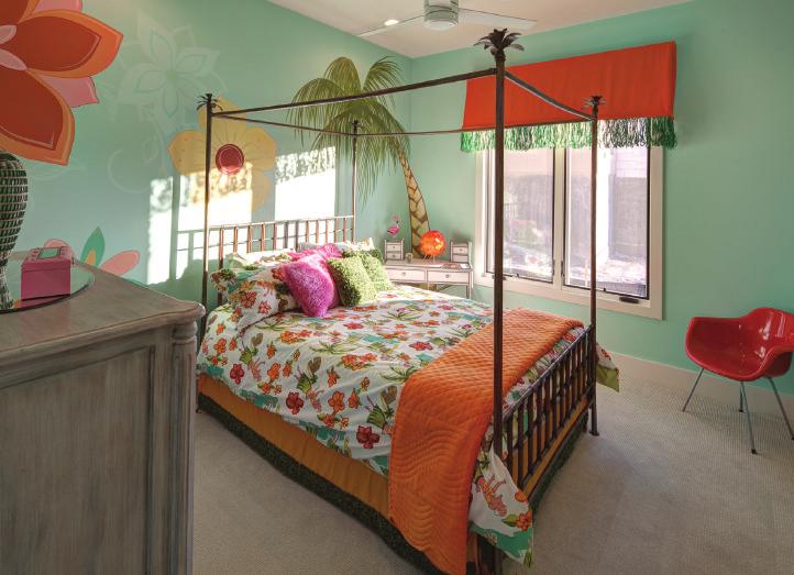 Bond loved the idea of Hawaiian flowers for the girl s bedroom. Austin local Leigh Watson created the wall mural based on Bond s vision.