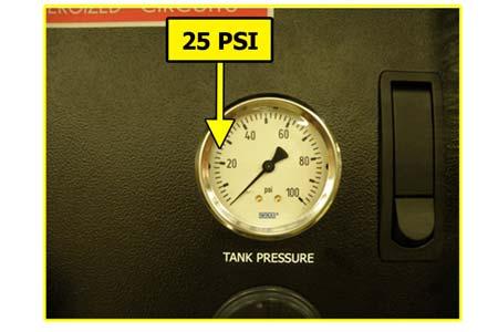 With Compressor NOT running: 9.11.4 Verify the compressor turns on when the Tank Pressure Gauge falls to 25.0 PSI. 9.11.5 Close Front Door.