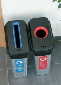 Vista recycling bins are available as a round, 50 litre capacity bin with an open top lid, a square, 65 litre capacity bin with an open top lid and a square, 65 litre capacity bin with a swing top