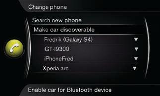 Kaip prijungti telefoną* su Bluetooth? Įprastame telefono šaltinio rodinyje paspauskite OK/MENU. Pasirinkite Make car discoverable (Padaryti automobilį aptinkamu) ir patvirtinkite spausdami OK/MENU.