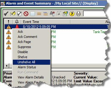 Monitor and interact with alarms at run time Chapter 9 Right-click an alarm in the list,