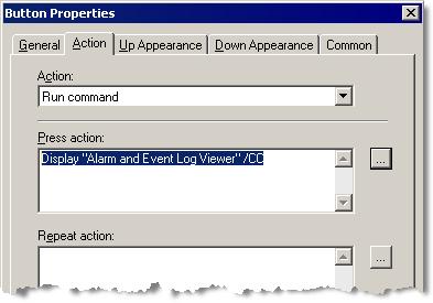 In the Button Properties dialog box, the command Display "Alarm and Event Viewer /CC" appears in the Press