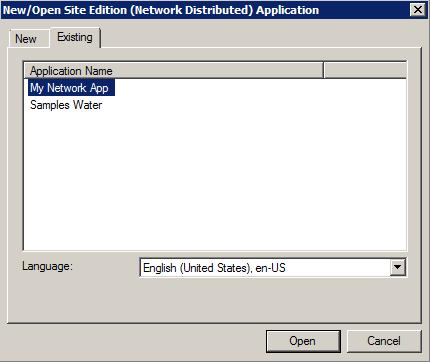 In the New/Open Site Edition (Network Distributed) Application dialog box with the Existing tab selected, under the heading Application