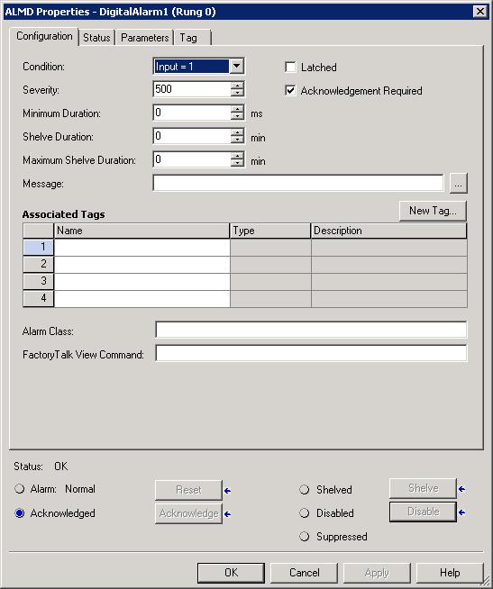 Define device-based alarms in Logix5000 controllers Chapter 4 2. In the ALMD Properties dialog box, specify configuration settings, and then click OK.