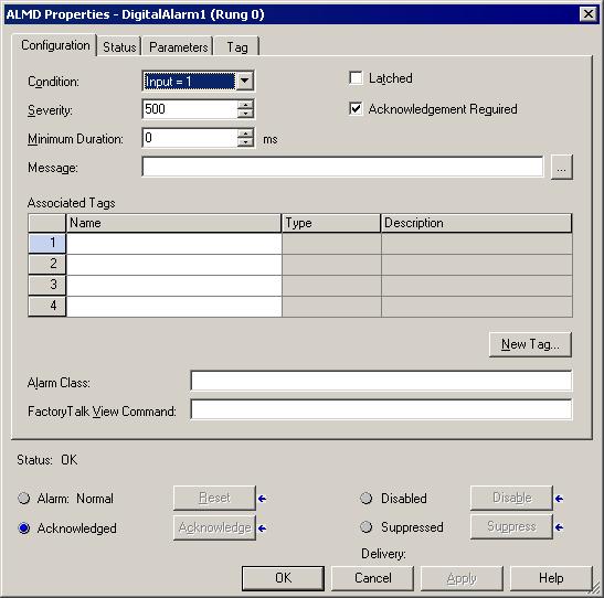 Chapter 4 Define device-based alarms in Logix5000 controllers If you are using RSLogix 5000 version 20 or earlier, the ALMD Properties dialog box is like this: Tip: To create a text message with
