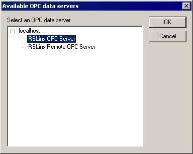 We use My OPC Server. 3. Beside the OPC Server name (ProgID) field, click the Browse button. 4. In the Available OPC Data Servers dialog box, select RSLinx OPC Server, and then click OK.