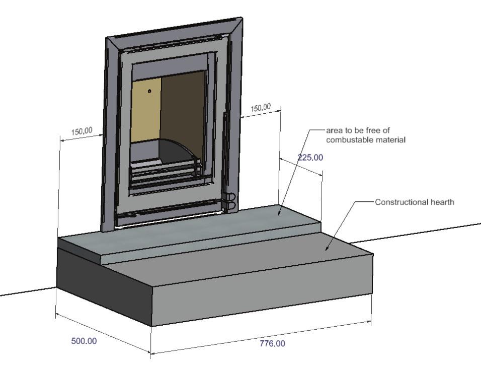 The appliance must stand on a non-combustible constructional hearth which is at least 125mm thick with the minimum dimensions as shown in diagram.