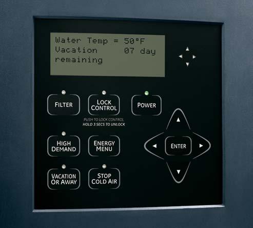 Settings Vacation Setting Unit adjusts temperature setting to 50 degrees for a specified time between 3 to 90 days to save energy.