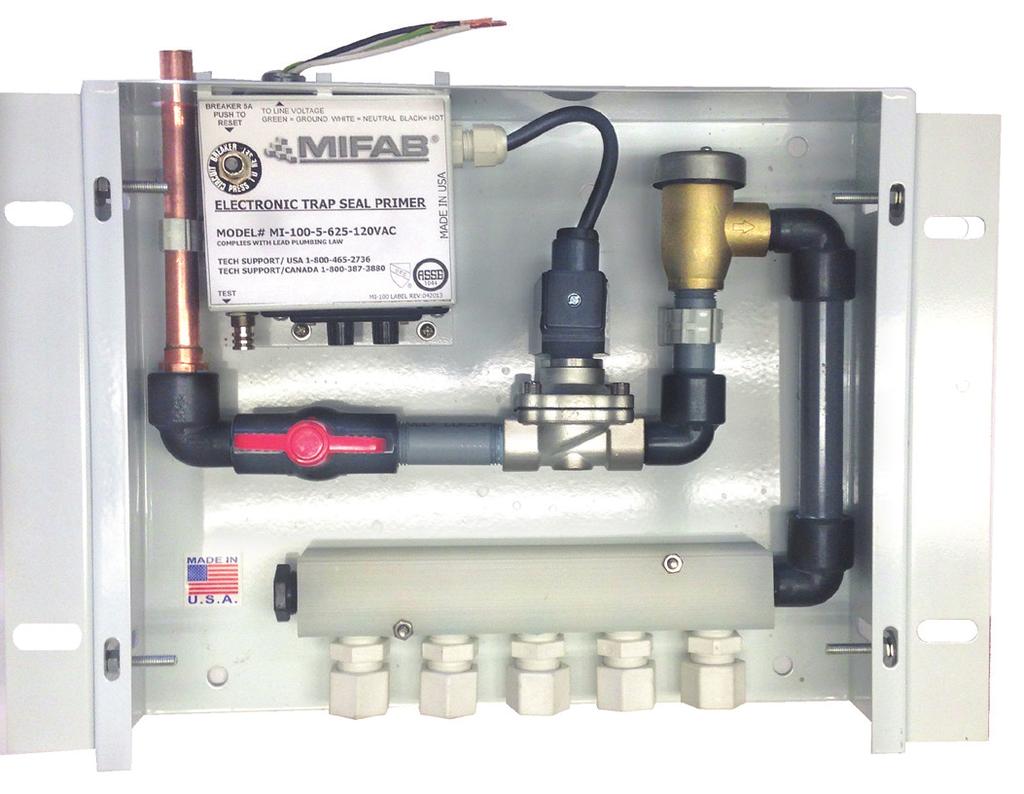 MI-100 Electronic Trap Seal Primer Installation Instructions WATER SUPPLY ELECTRIC SUPPLY TIMER TRAP PRIMER LINE CONNECTIONS EXTERIOR MOUNTING FLANGES DESCRIPTION: The MI-100 is a pre-assembled