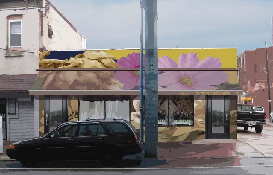 A locally sourced mural gives this building a strong street presence while doubling as advertising for the flower and produce store inside.