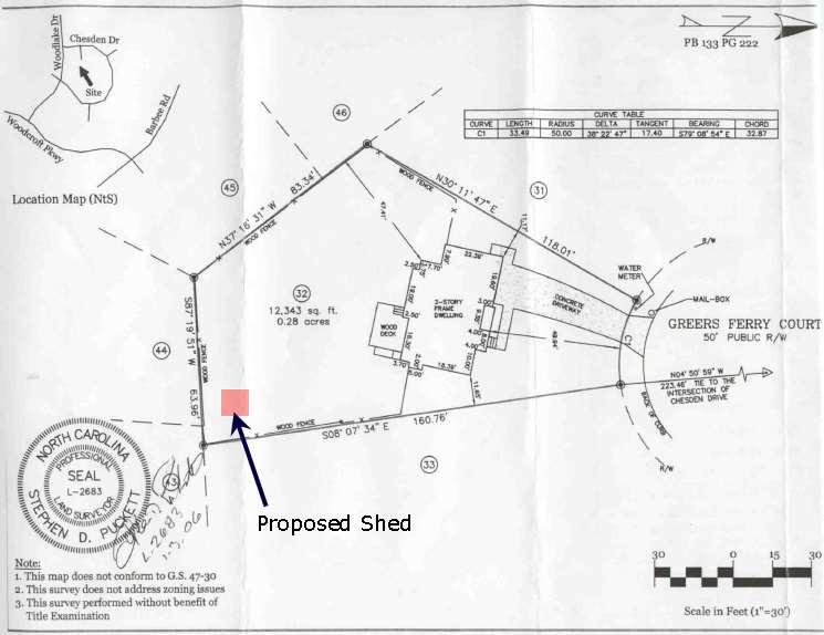 The Plat for 8 Greers Ferry Court with position of proposed shed clearly indicated. When is a plat (foundation survey) required?