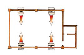 Suspended water air heaters with thick galvanised painted steel casing, self-supporting galvanised steel structure and copper tubes with aluminium fins exchange coil.