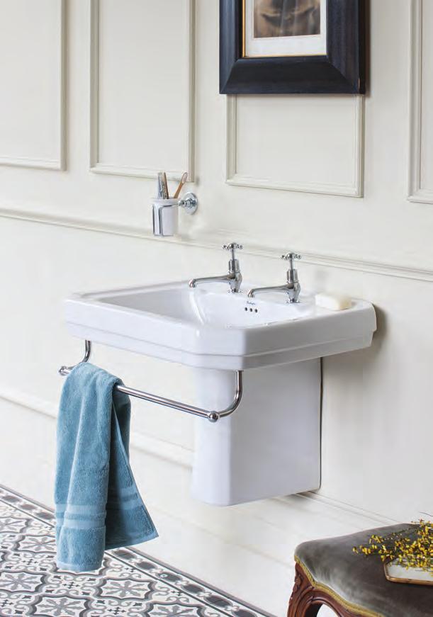 Opposite: Victorian 56cm basin with chrome basin stand 489 and Claremont 1 tap hole basin mixer with high central indice, click-clack waste 248 and tumbler