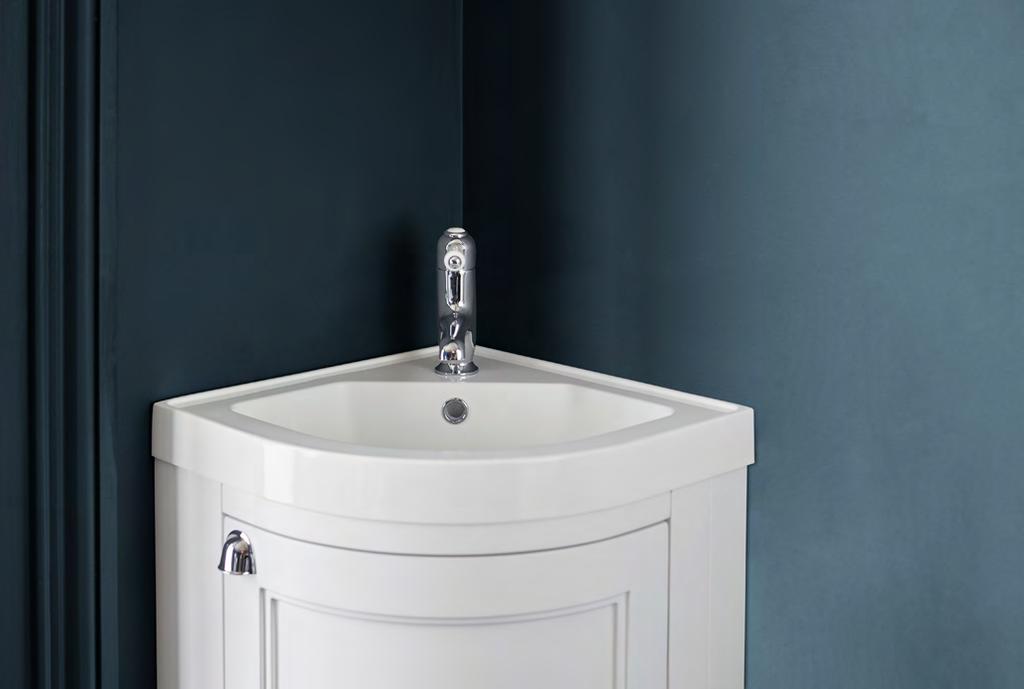 Opposite: Burlington 43cm by 43cm Quattrocast corner basin 1TH 199, shown with 43cm corner unit in matt white 650 and Chelsea straight basin mixer without waste 199.