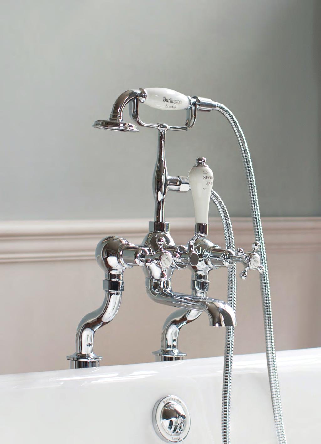 Windsor 170cm bath with luxury chrome claw feet 859 and Claremont deck-mounted angled bath shower mixer 560, decorative shrouds 249, exposed chrome waste and overflow 149, P-trap 44 and P-trap