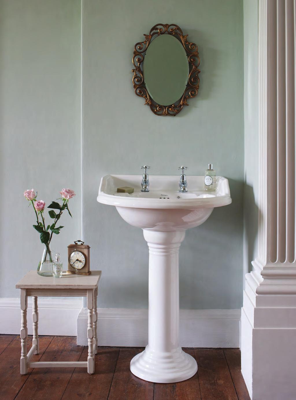 This page and opposite: Classic round basin with Classic round pedestal 444, Claremont basin 5 pillar taps 139 and