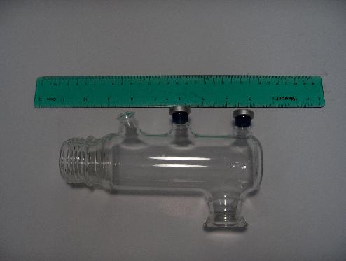 Each with a screw thread aperture, OD (Outside Diameter) = 50 mm, made of a PYREX glass bottle (Fisher scientific), a glass joint