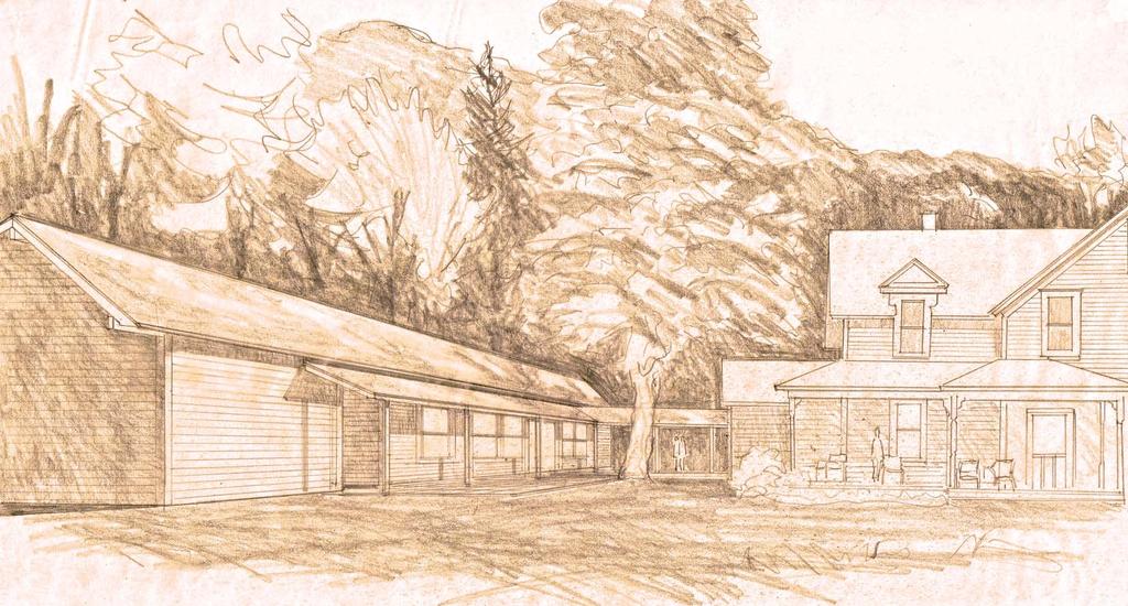 North ADU Detail View of the ADU and Blue House porches from the front yard: Drawing by David Hall Architect David Hall's sketch shows the ADU on the north side of the Blue House.