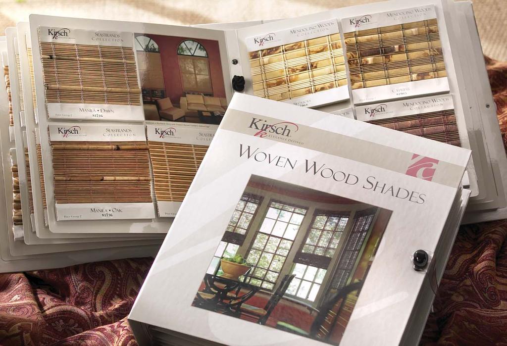 Levolor/Kirsch Window Fashions KIRSCH WOVEN WOODEN SHADES SAMPLE BOOK Product Category: Merchandising The Kirsch Woven Wood sample book s user-friendly presentation offers diverse color and pattern