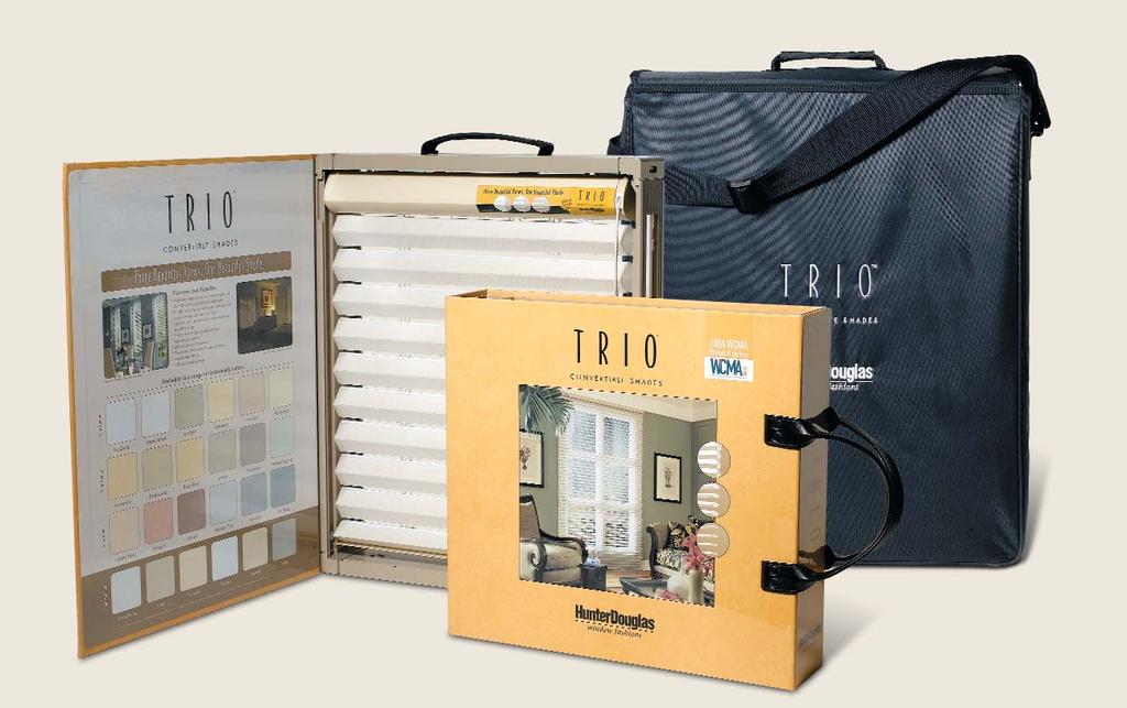 Hunter Douglas Window Fashions NEW TRIO CONVERTIBLE SHADES SAMPLE KIT Product Category: Merchandising Housed in a convenient carrying bag, the new Trio Convertible Shades Sample Kit includes a sample