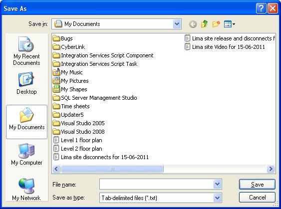1 Export the Search Results List To export the Search Results List click on the Export button descriptive file name for the event list to be stored.