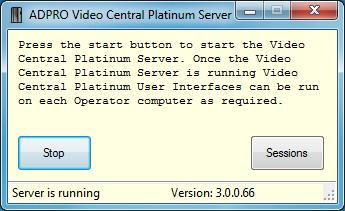 > Xtralis > Video Central Platinum > Video Central Platinum. After a short pause the Server and User Interface will start and the ADPRO Video Central Platinum Server application will be displayed.