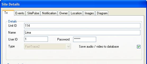 To alter the setting which will automatically save video and audio to the database, from the Active Sites List select the Tools > Administration > Sites menu to display the Sites dialog, click on the