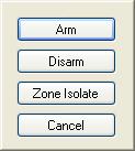 Remote Arm/Disarm to display the Arm / Disarm / Zone Isolate button panel. Click the Arm button.