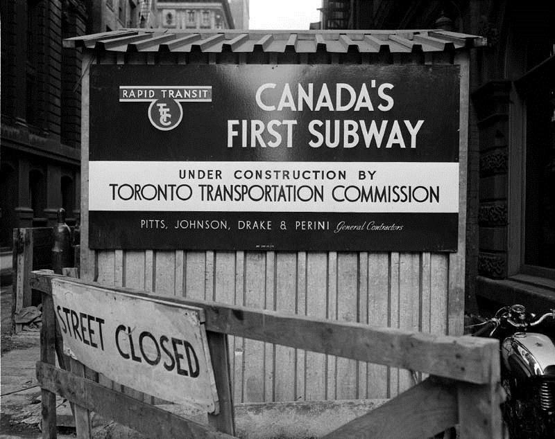 Canada's First Subway sign, Yonge Street and Colborne Street 1949 Photographer: Canada