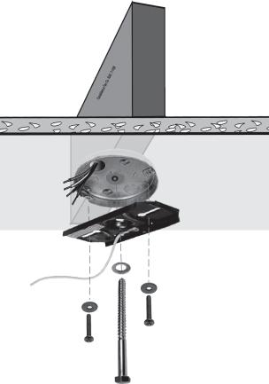 With the large washer attached, pass the lag screw through the center hole of the crossbar mounting bracket and screw into the guide hole. Tighten until the outlet box is mounted firmly to the beam.