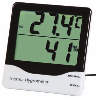 5 volt AAA - 10000 hours 20 x 100 x 110 mm 170 grams Therma-Hygrometer max/min & alarm functions 0 C or below audible alert/alarm remote %rh & temperature probe remote probe This therma-hygrometer
