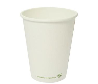 look similar to a regular 8oz coffee cup but have a thin plant based plastic PLA* lining instead of the regular plastic lining.