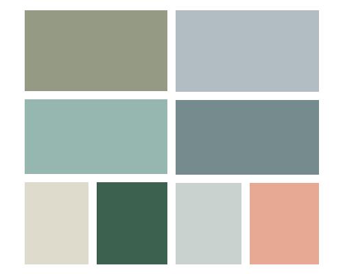 Here are a couple color combinations that work with the neoclassical style: Celadon Green + Pale Blue + Light Gray Celadon green has been seen in neoclassical design schemes in the 1700 s.