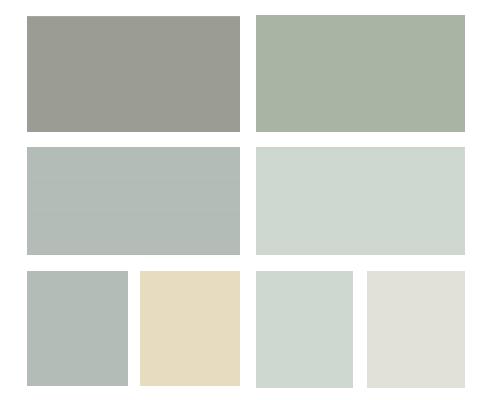 The Left Group Of Valspar Colors: Montpelier Olive 5004-2A, Woodlawn Valley Haze 5004-5C, Woodlawn Snow 6003-1A, Montpelier Palmetto Green 6009-6 The Right Group Of Valspar Colors: Woodlawn Silver