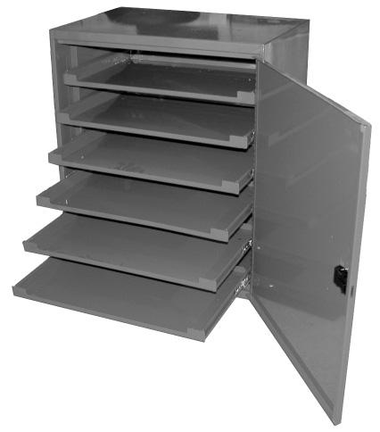 FRICTION SLIDE RACK 6-DRAWER FRICTION SLIDE RACK WITH "LOCKING" DOOR Holds any 6 metal assortment trays Six (6) sliding trays Heavy duty cold-rolled steel construction Durable powder coated finish