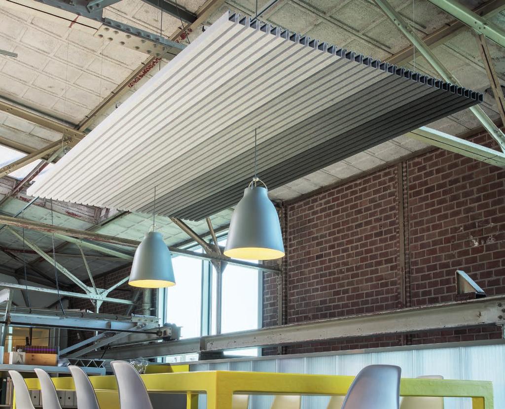 Felt s sound-absorbing properties in combination with the design of the panels, the space between the panels and the height at which the ceiling