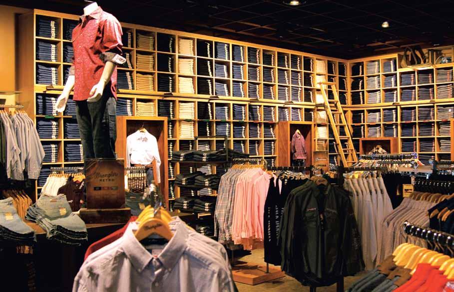 The store offers the entire range of Wrangler products including jeans, shirts, outerwear, belts, handbags and other accessories in an impressive and engaging atmosphere Materials add to the sense of